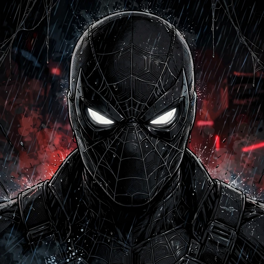 Dark spider-man pfp: original hero emerging from shadows, red glow