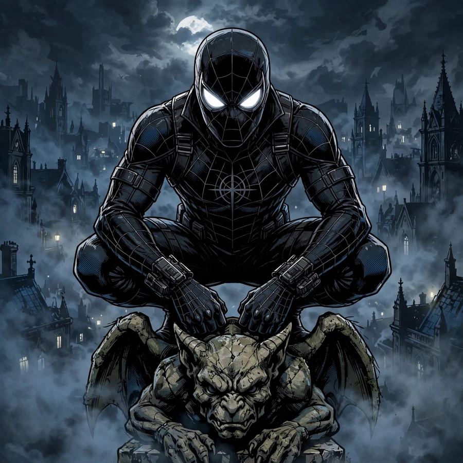 Dark spider-man pfp: original black suit hero on a gargoyle