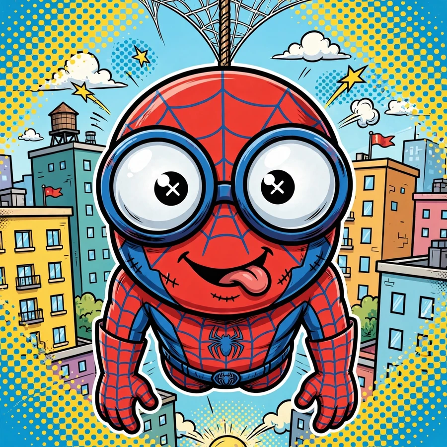 Funny spider-man pfp: original hero hanging upside down, goofy grin