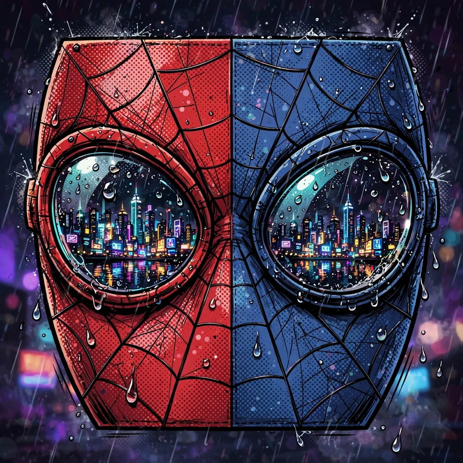 Spider-man pfp: original mask close-up with city reflected in lens