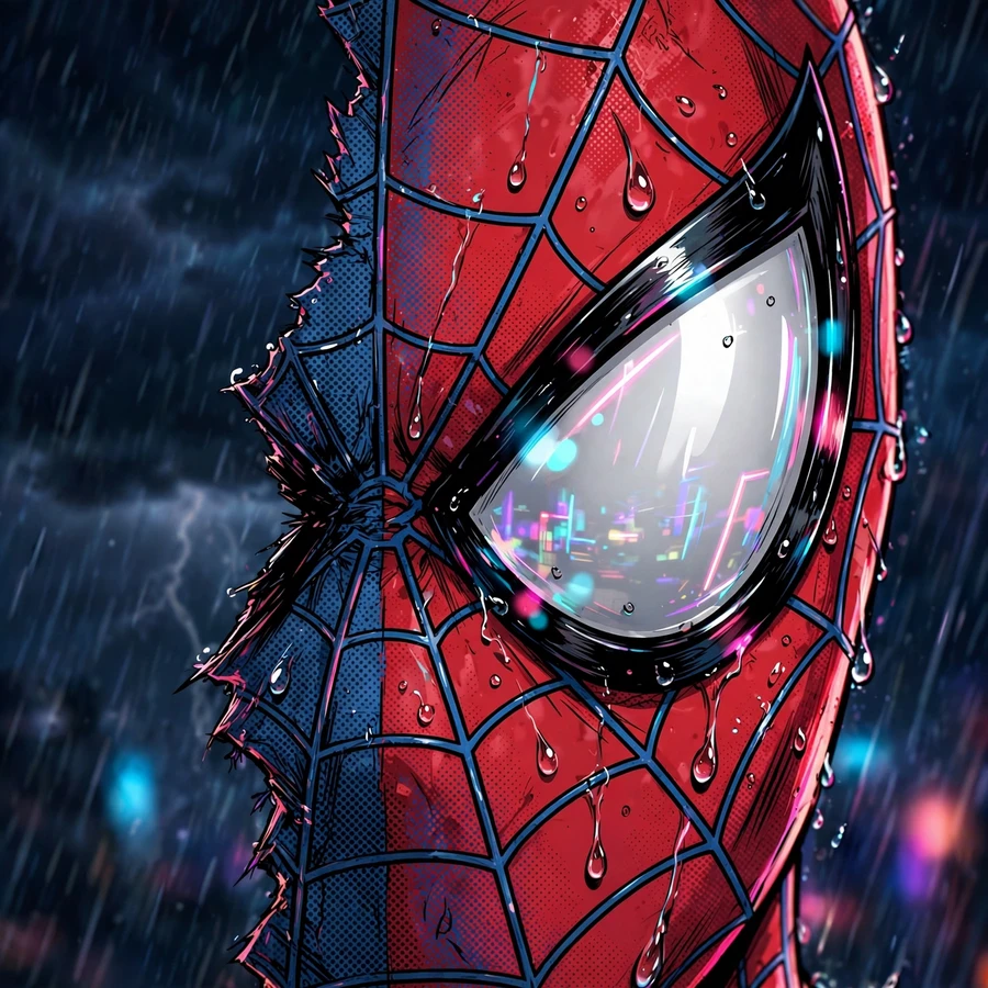 Masked hero pfp: original half-mask close-up in the rain