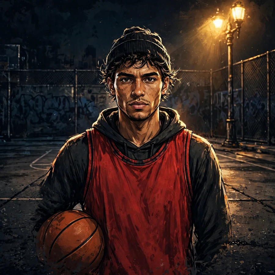 Pfp basketball: original streetball player on an asphalt court at night