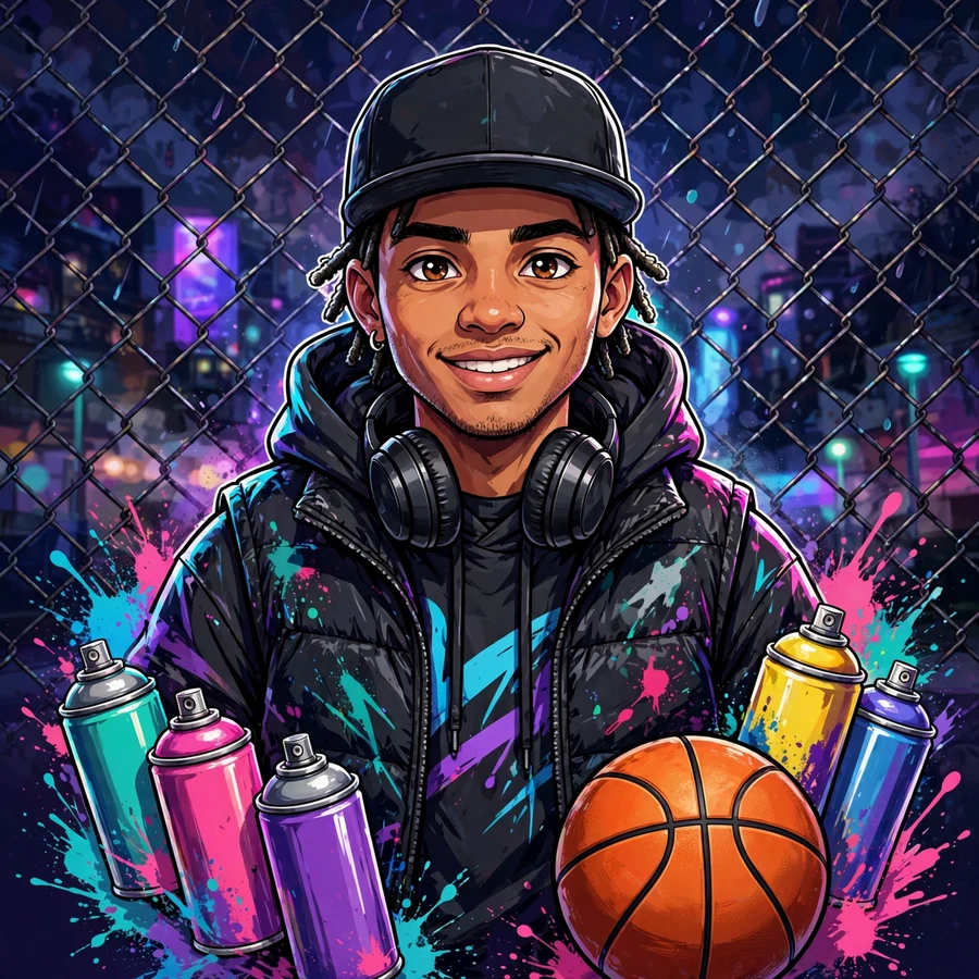 Basketball pfp: original chain-link fence with basketball and spray cans