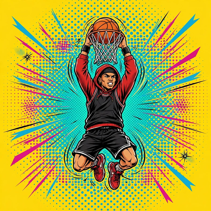 Pfp basketball: original comic-style player dunking with halftone dots