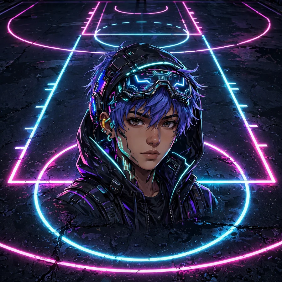 Basketball pfps: original neon streetball court markings on dark asphalt