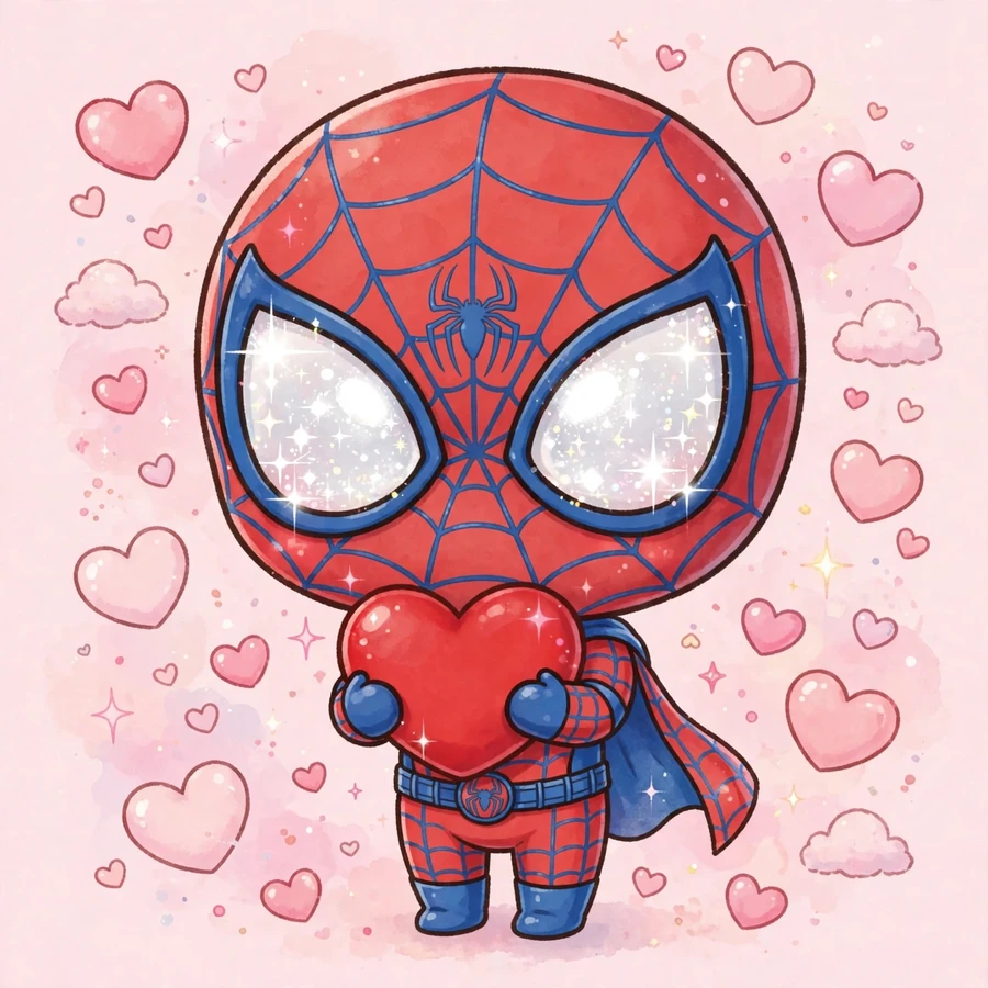 Chibi spiderman pfp: original mini hero holding a heart