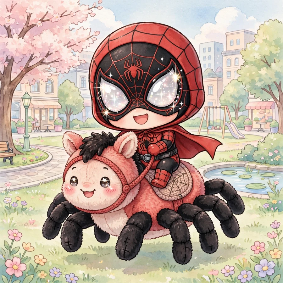 Chibi spiderman pfp: original tiny hero riding a plush spider