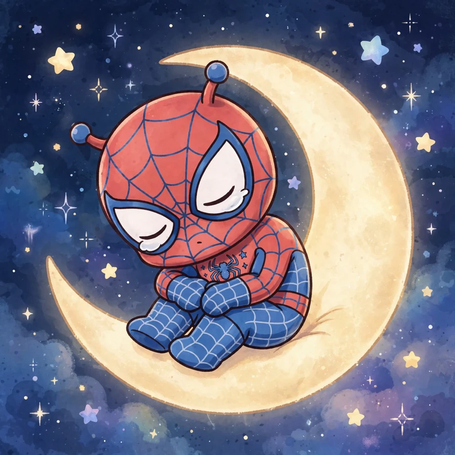 Chibi spiderman pfp: original mini web-slinger sleeping on the moon