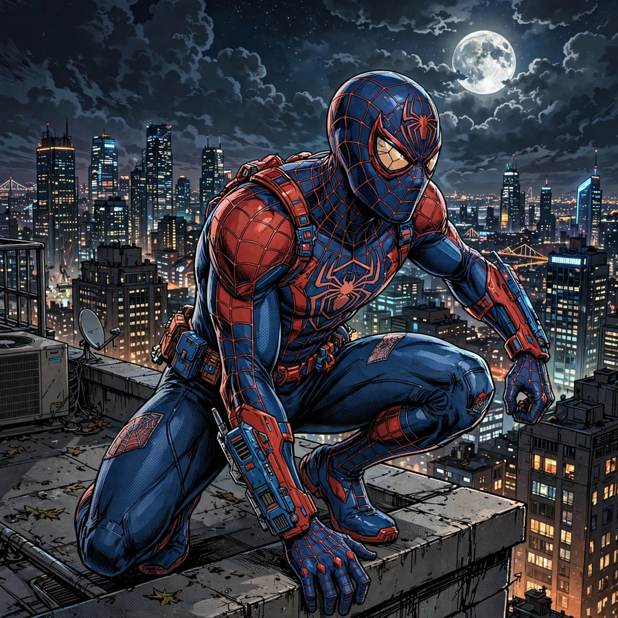 Spiderman pfps: original web-slinger hero crouching on a city rooftop