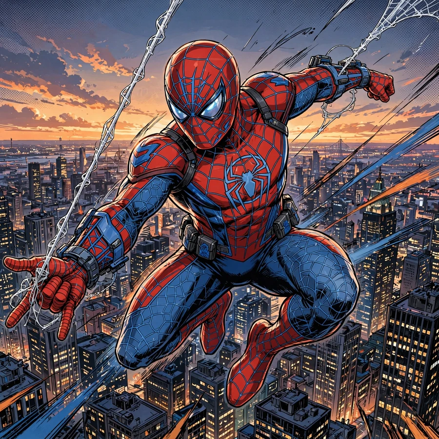 Spidermanpfp: original web-slinger hero shooting webs over the city skyline