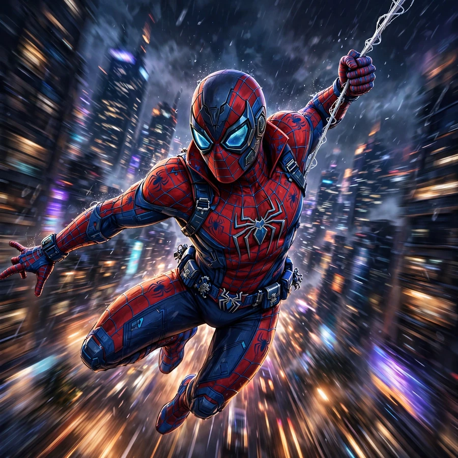 Cool spiderman pfps: original web-slinger hero mid-swing through the city