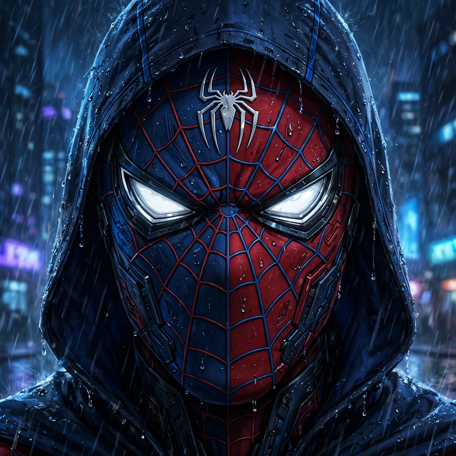 Cool spiderman pfp: original hero close-up with dramatic blue lighting