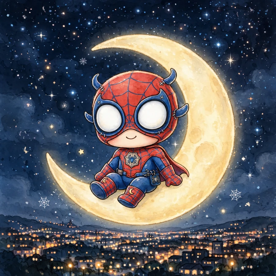 Cute spiderman pfp: original tiny web-slinger hero sitting on the moon