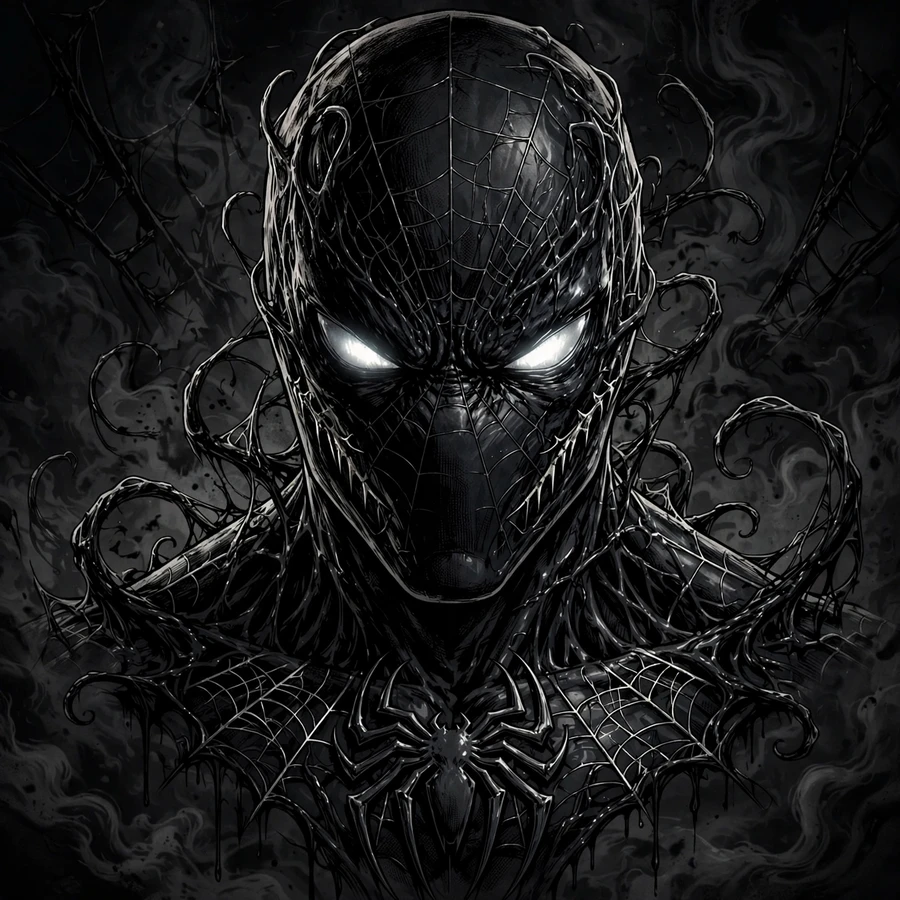 Dark spiderman pfp: original black symbiote suit hero with glowing white eyes