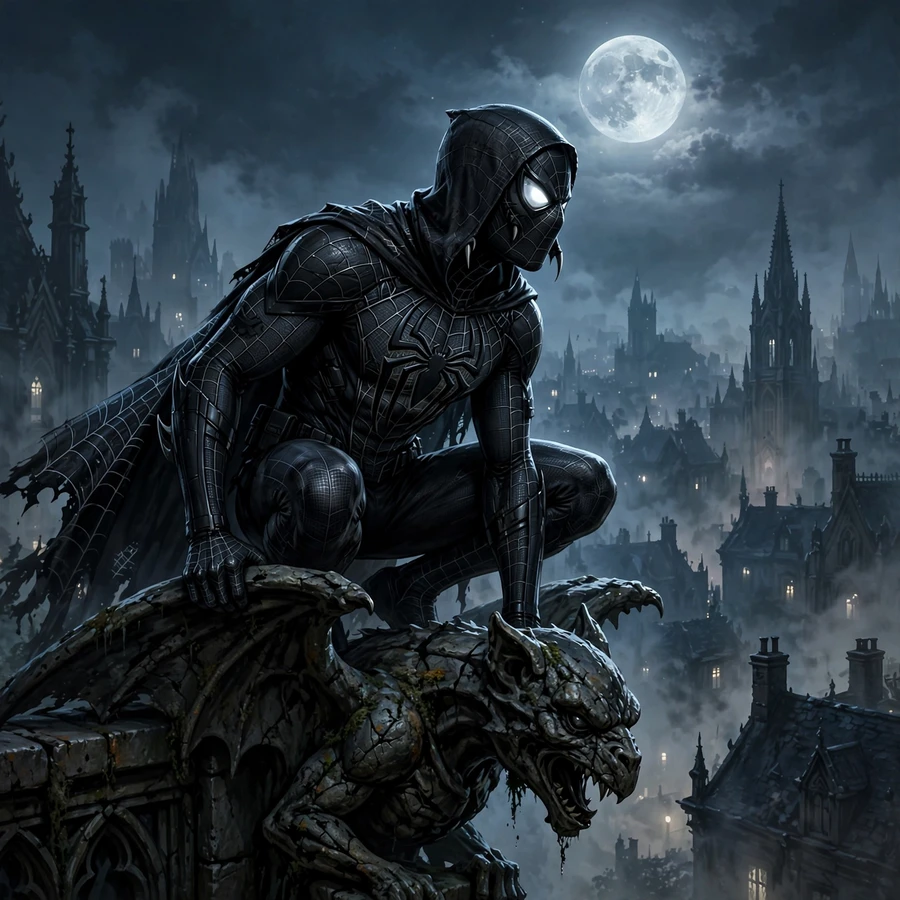 Dark spiderman pfp: original black suit web-slinger on a moonlit rooftop