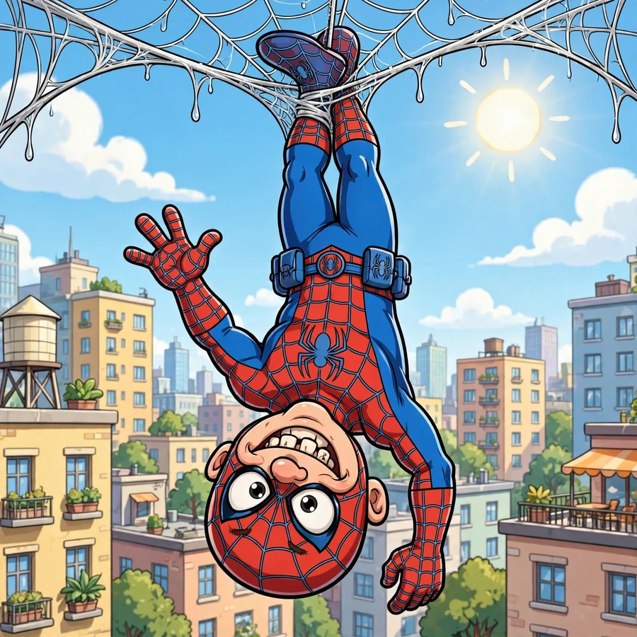 Funny spiderman pfp: original web-slinger hero hanging upside down with a goofy grin