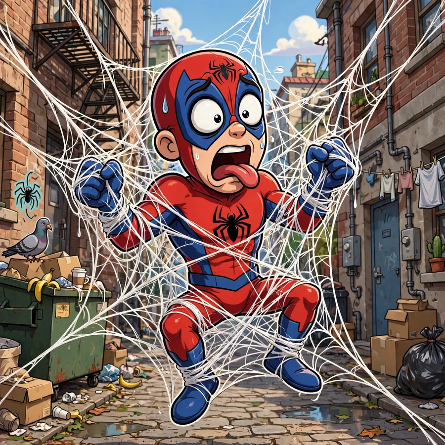 Funny spiderman pfp: original hero tangled in his own web with a silly face