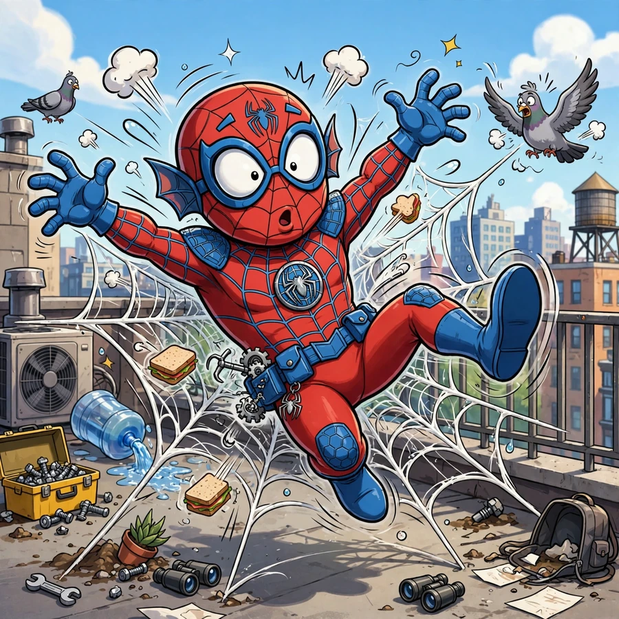 Funny spiderman pfp: original hero slipping on a web with cartoon chaos