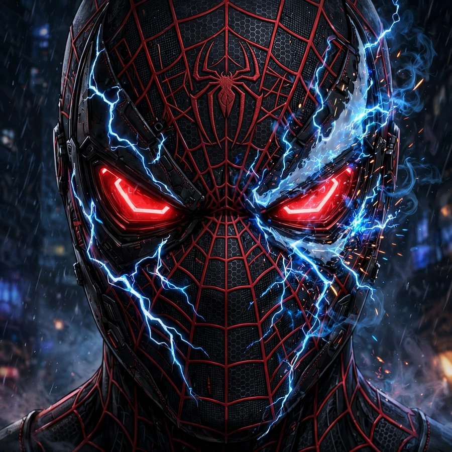 Spiderman miles pfp: original web-slinger close-up with crackling blue energy