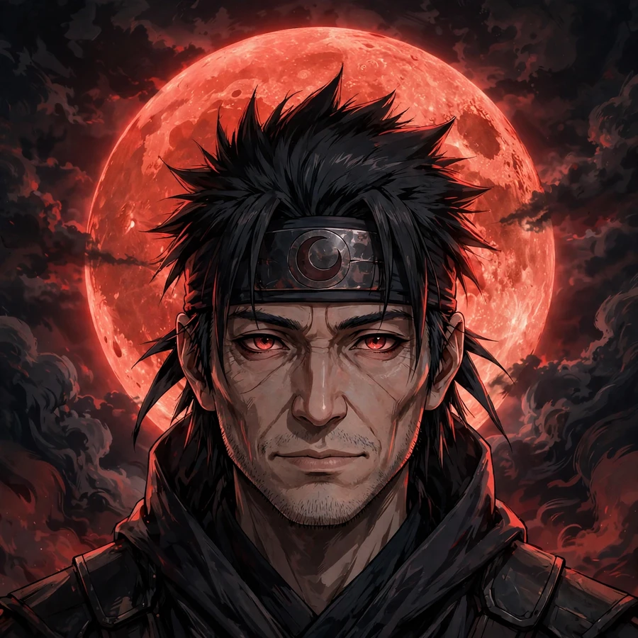 Adult sasuke pfp: original calm older ninja under a red moon