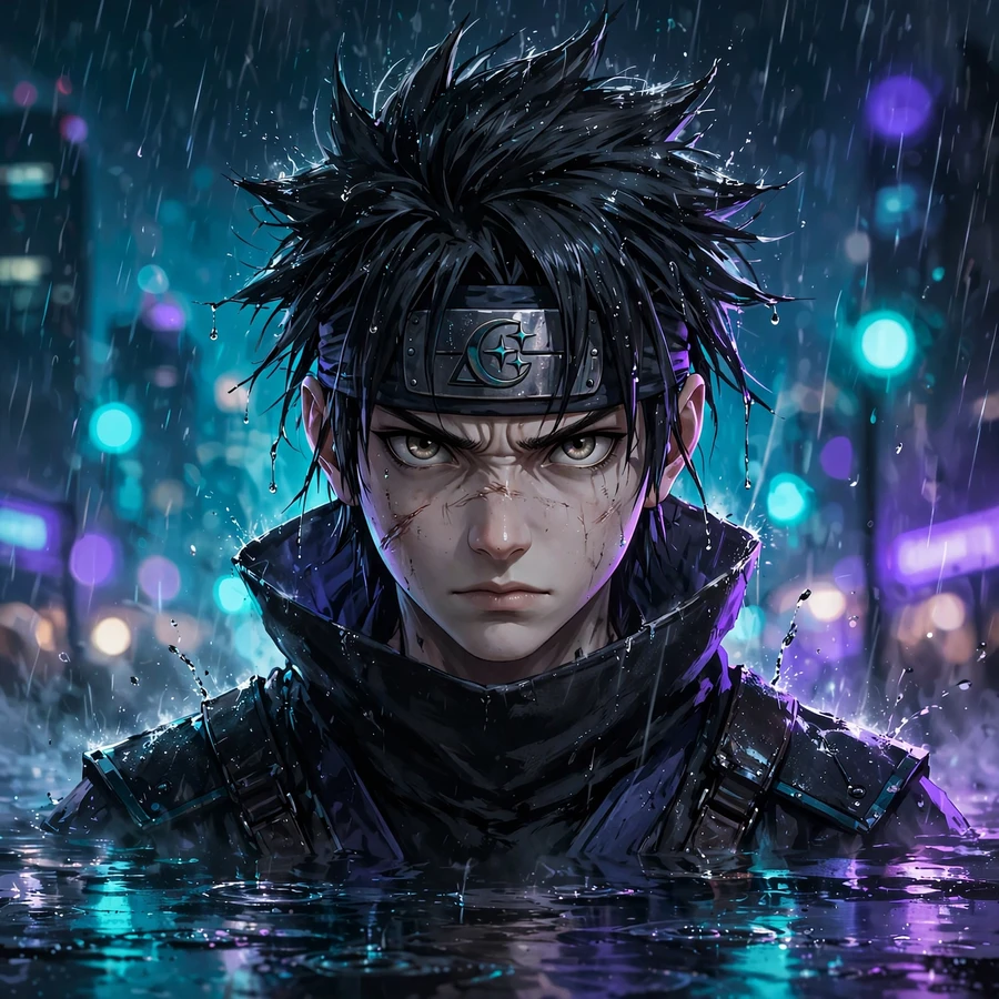 Sasuke aesthetic pfp: original night-rain ninja with city glow