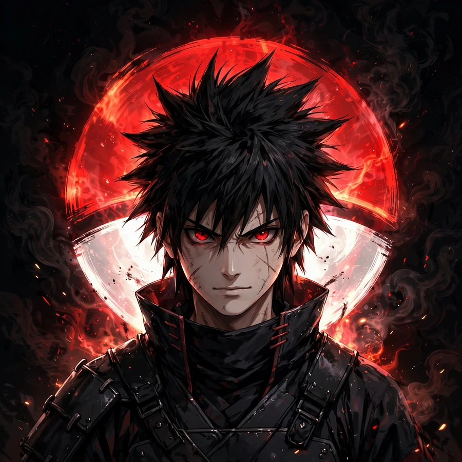 Sasuke uchiha pfp: original ninja portrait with Uchiha clan fan symbol