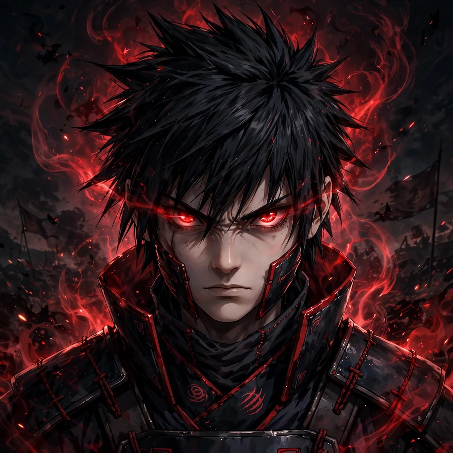 Sasuke uchiha pfp: original clan heir in dark armor with red glow