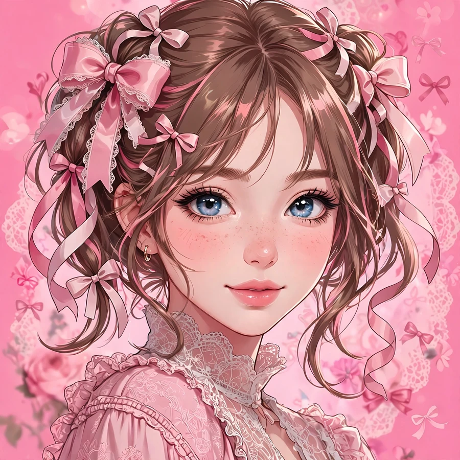 Coquette pfp: girl with ribbon bows and lace details