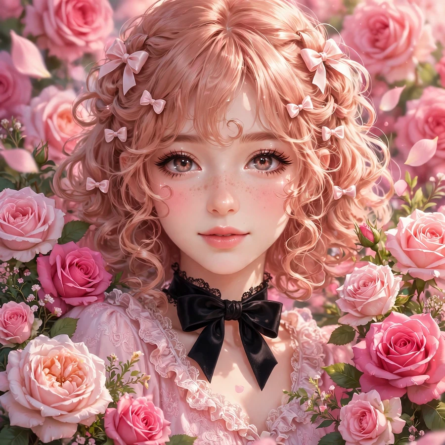 Coquette pfp: girl with bow choker among roses
