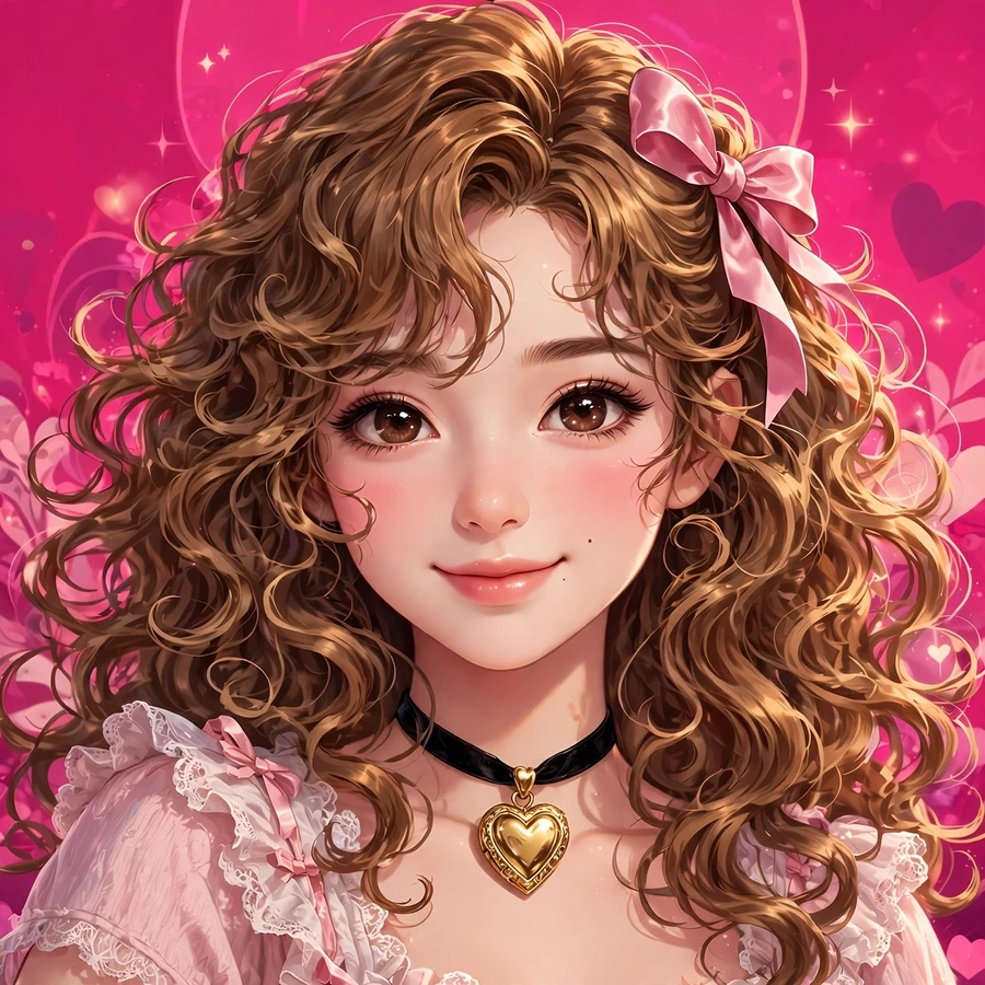 Coquette pfp: girl with heart locket and flowing curls
