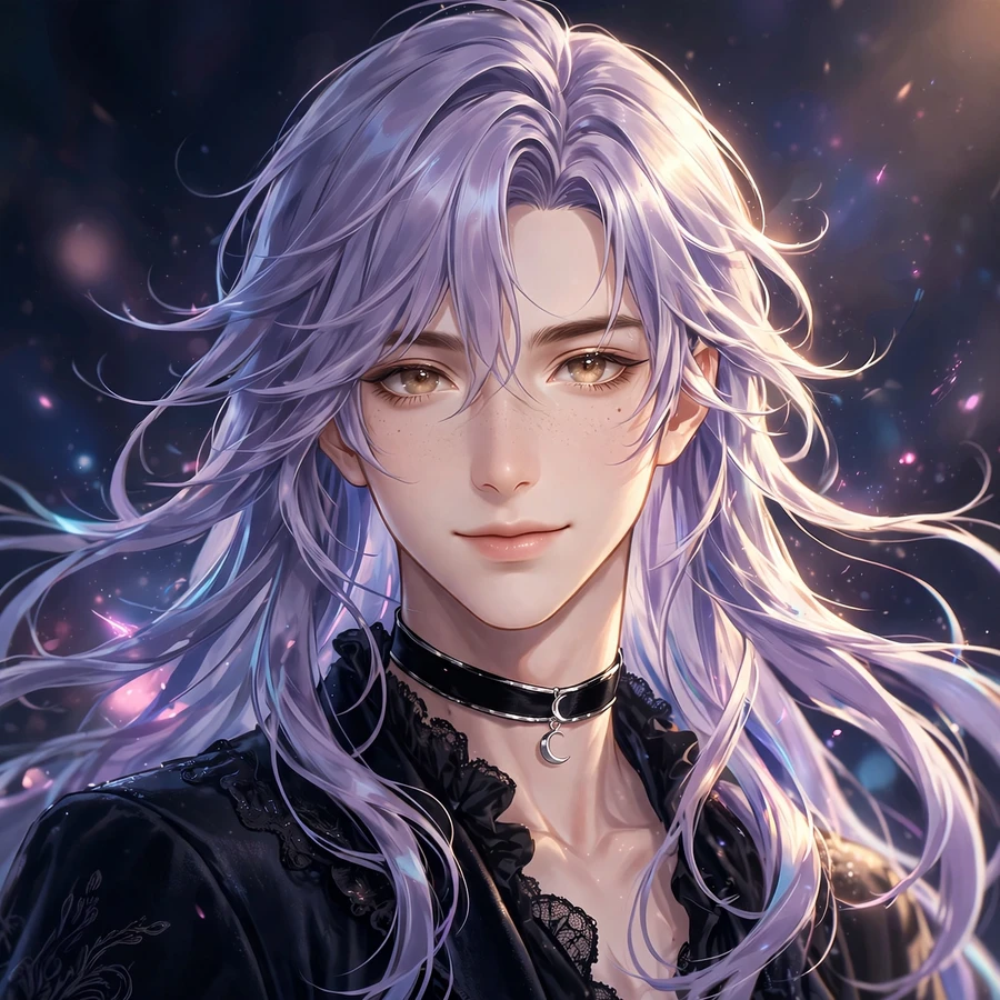 Femboy pfp: elegant femboy with flowing hair and choker