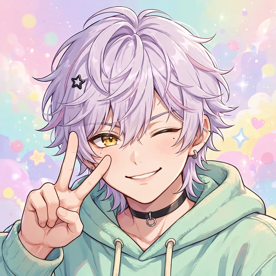 Anime femboy pfp: playful femboy winking with peace sign