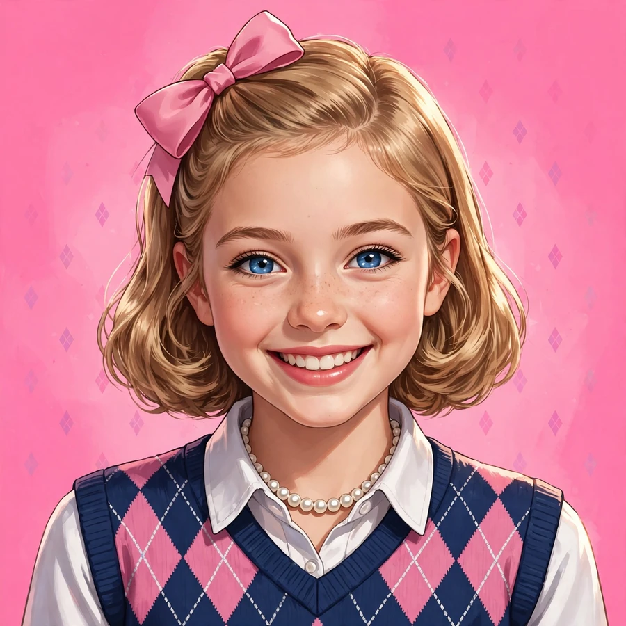 Preppy pfp: preppy girl with pink bow, argyle sweater vest and pearl necklace