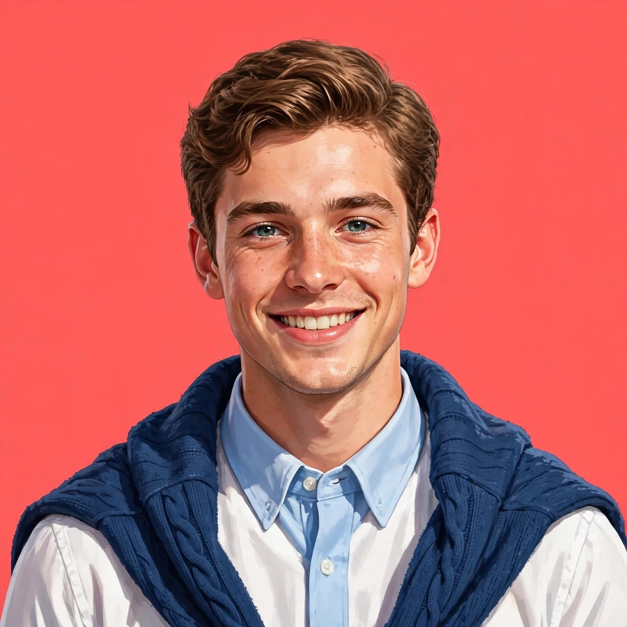 Pfp preppy: preppy boy with collared shirt and sweater over shoulders