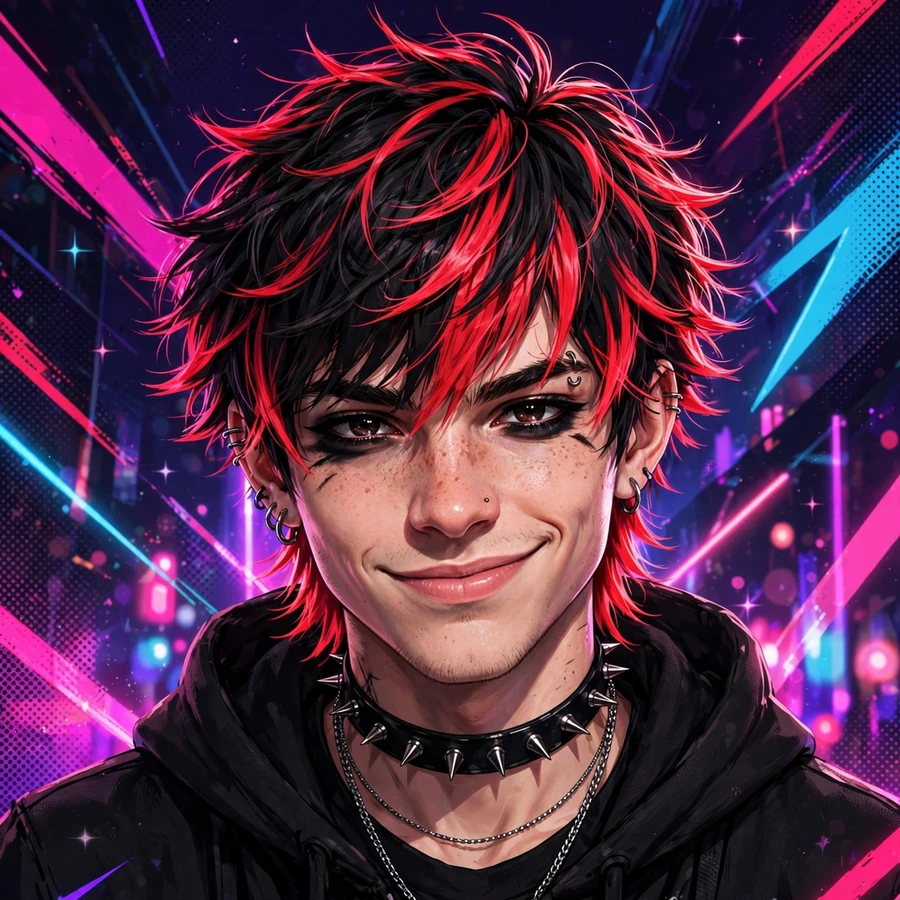 Scene pfp: boy with bright red streaked hair