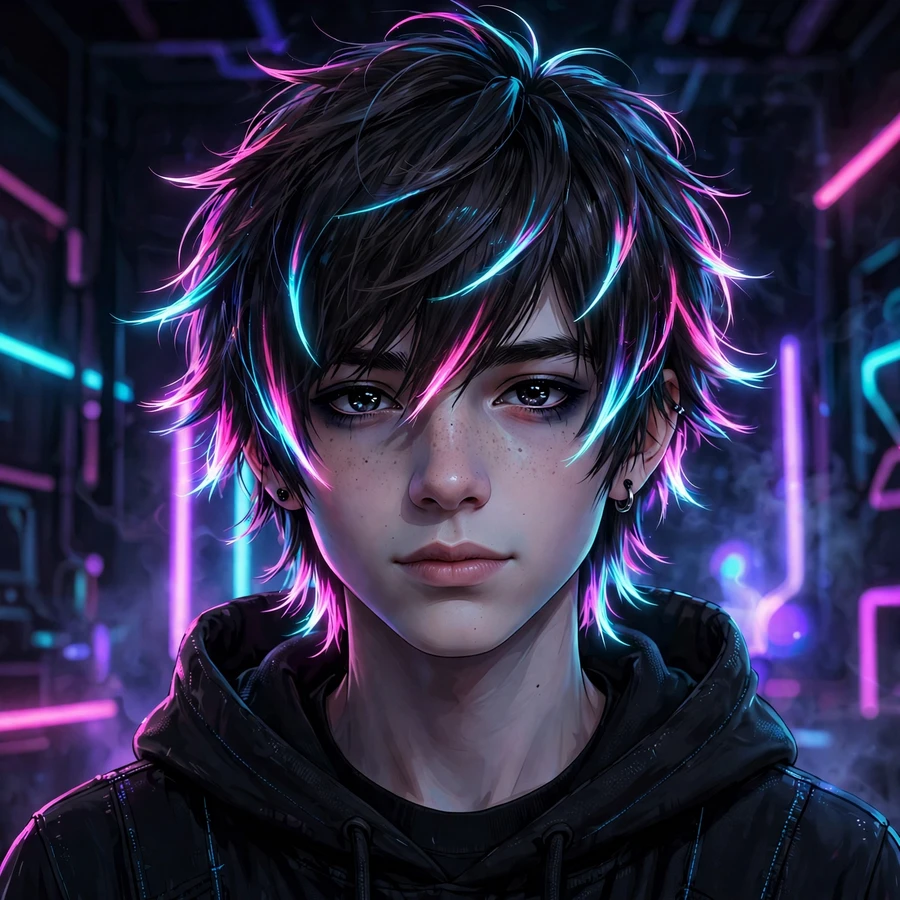 Scene pfps: neon scene boy with glowing hair tips