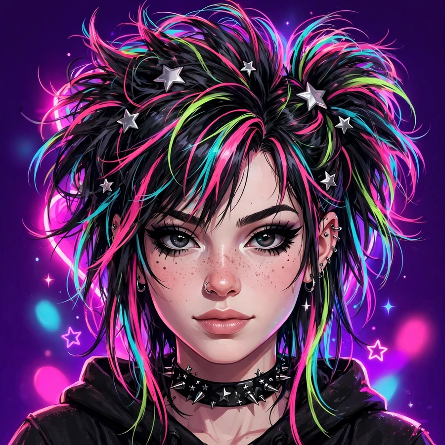 Scene girl pfp: teased neon-streaked hair with star clips