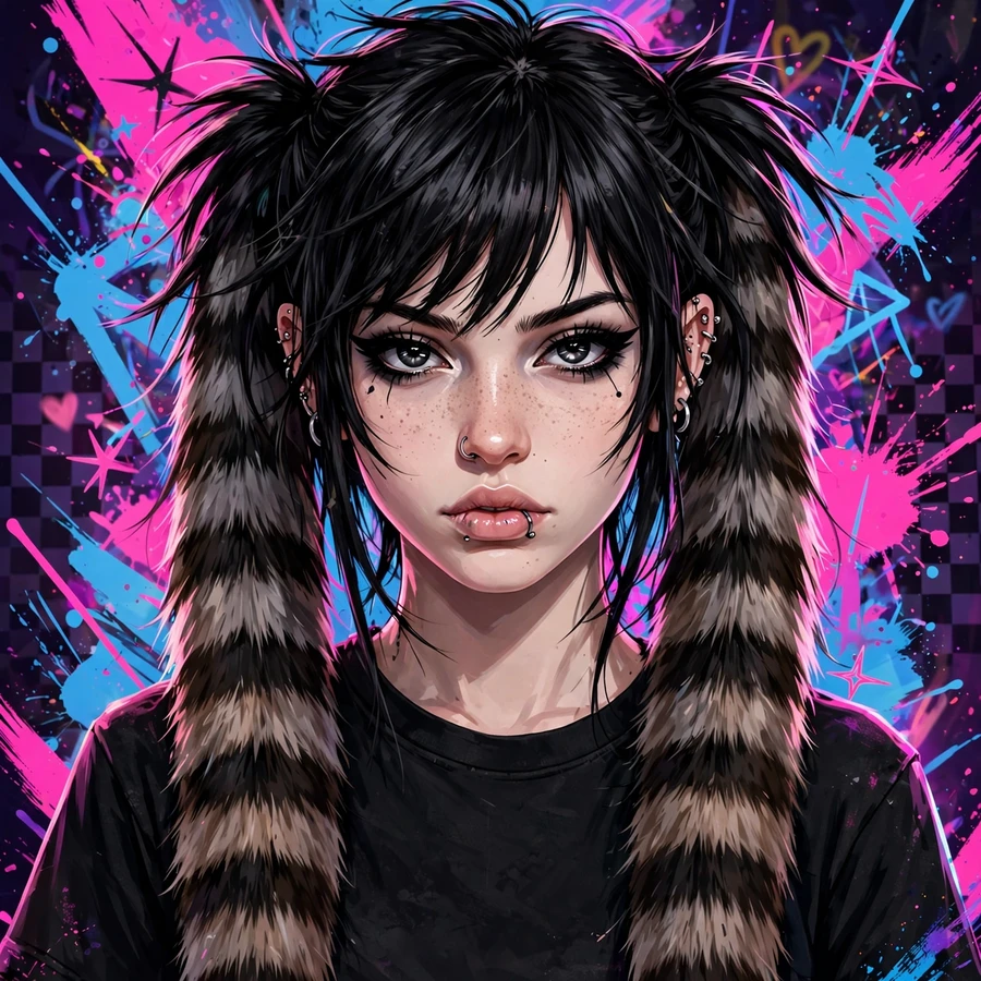 Scenecore pfp: scene girl with raccoon-tail hair extensions
