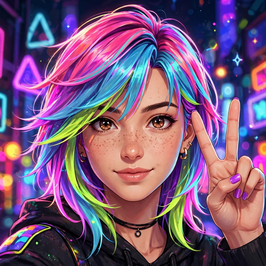 Scene pfps: colorful scene girl with layered neon hair