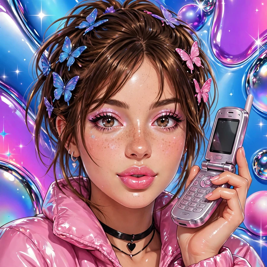 Y2k pfps: girl with butterfly clips and flip phone