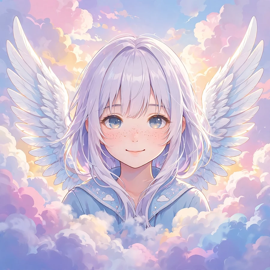 Angel profile picture: dreamy winged girl in clouds