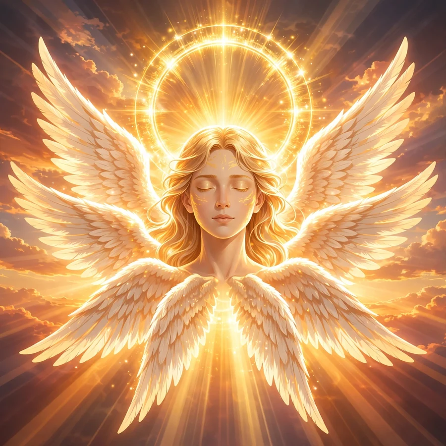 Angel pfps: seraph with golden halo in a sunrise