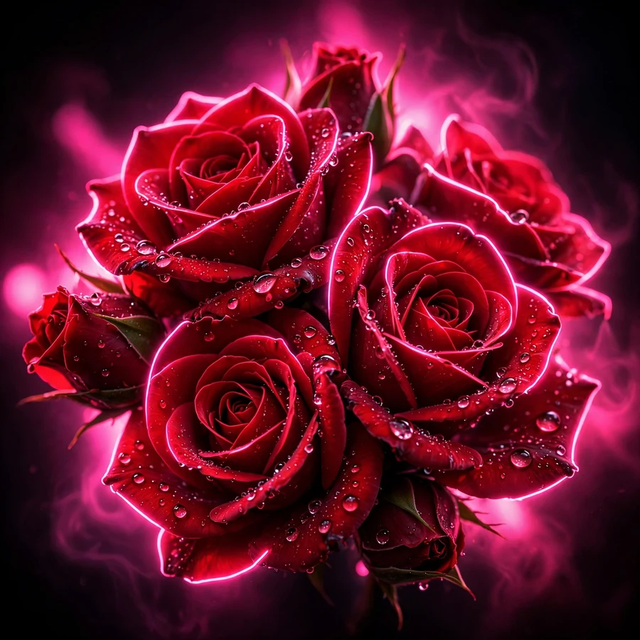 Roses pfp: neon-lit roses with dewy close-up