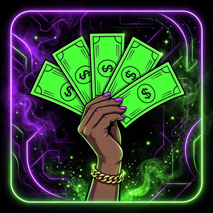 Cash pfp: hand fanning dollar bills in neon light