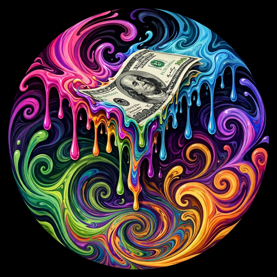 Trippy money pfp: melting dollar bills in psychedelic colors