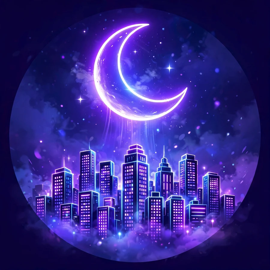 Moon pfp: crescent moon over a neon city skyline