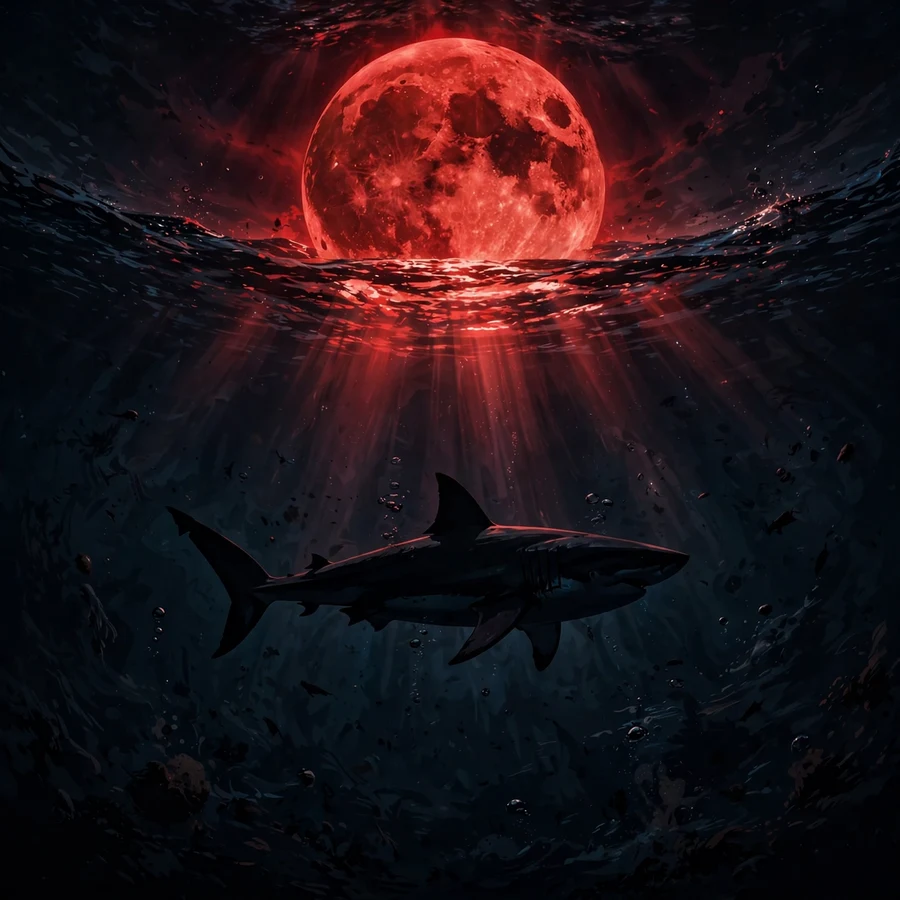 Shark pfps: shark silhouette under a blood moon