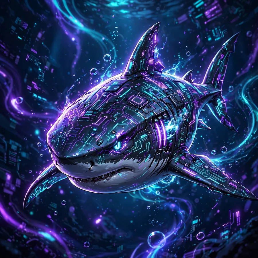 Pfp shark: glowing cyber shark in a neon ocean