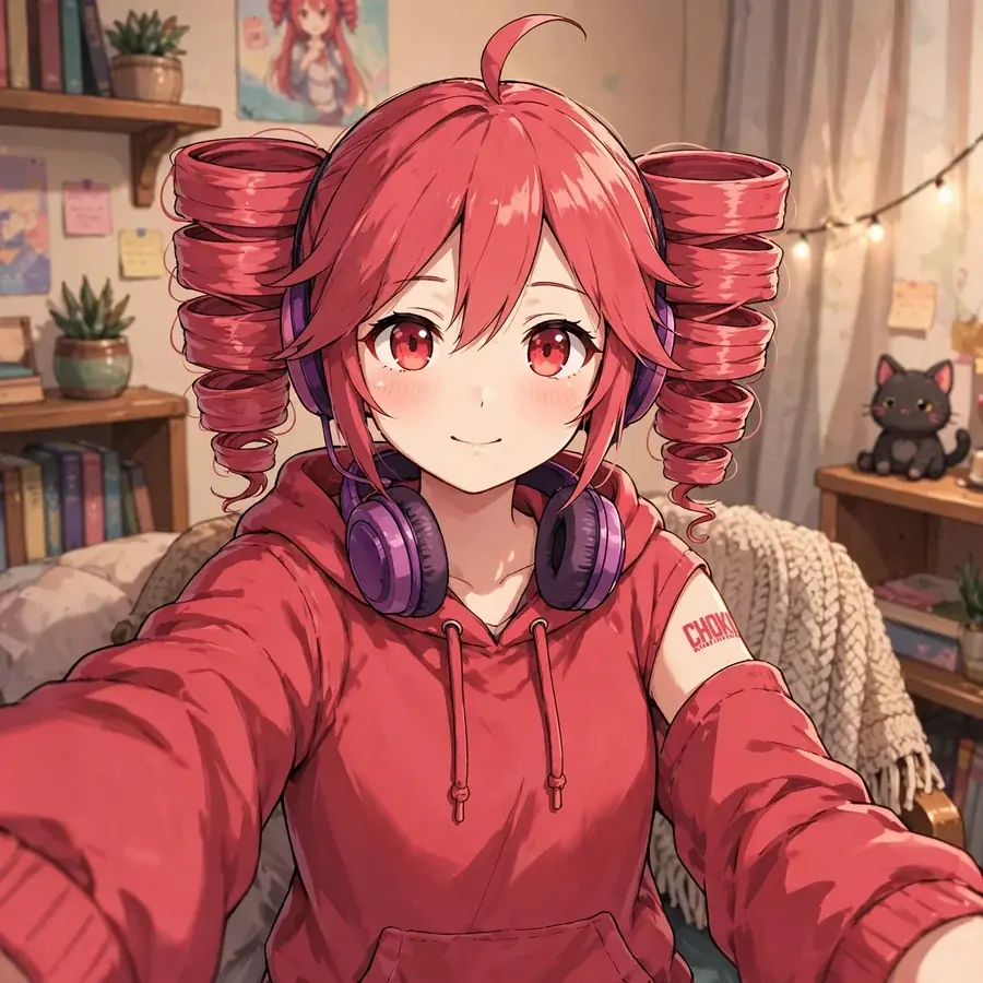 Teto pfp: original Kasane Teto in a casual red hoodie, selfie style