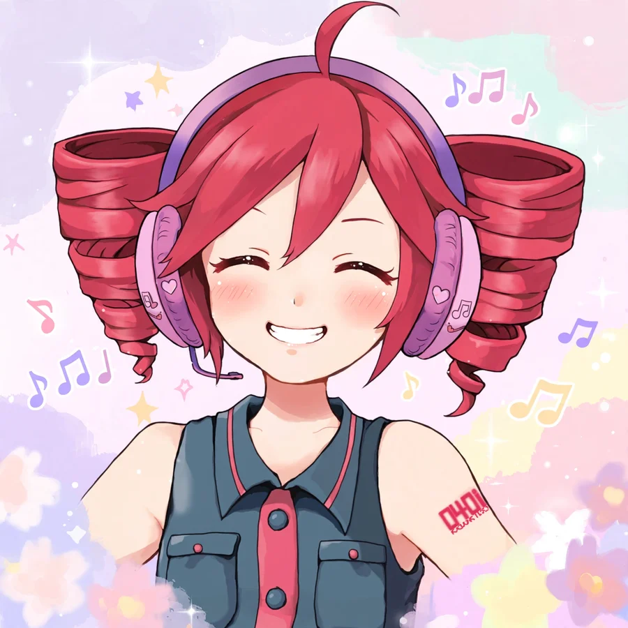 Kasane teto pfp: original Teto wearing big headphones, happy